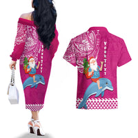 Custom Hawaii Mele Kalikimaka Couples Matching Off The Shoulder Long Sleeve Dress and Hawaiian Shirt Santa Riding The DolPhin Mix Kakau Pattern Pink Style LT03 - Polynesian Pride