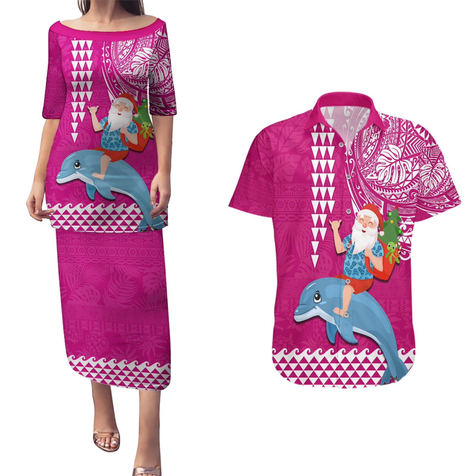 Custom Hawaii Mele Kalikimaka Couples Matching Puletasi Dress and Hawaiian Shirt Santa Riding The DolPhin Mix Kakau Pattern Pink Style LT03 Pink - Polynesian Pride
