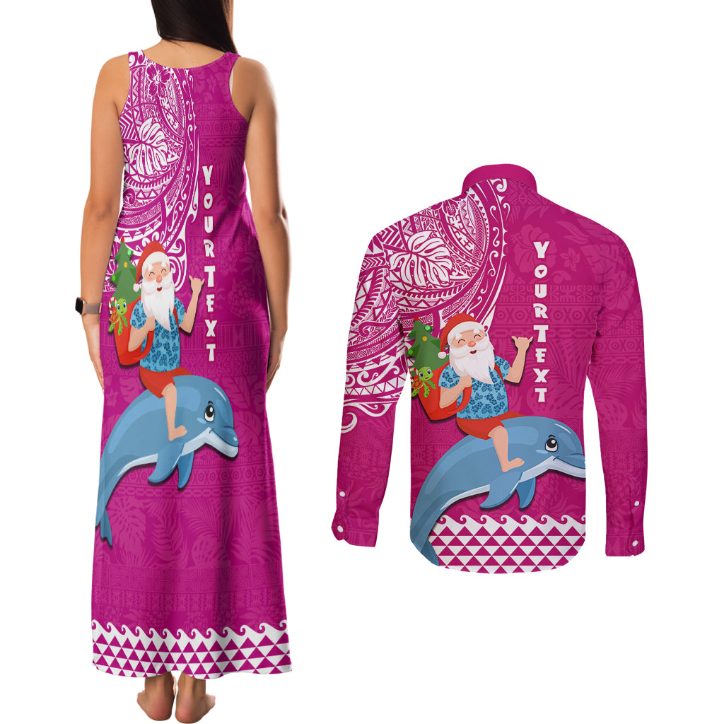 Custom Hawaii Mele Kalikimaka Couples Matching Tank Maxi Dress and Long Sleeve Button Shirt Santa Riding The DolPhin Mix Kakau Pattern Pink Style LT03 - Polynesian Pride