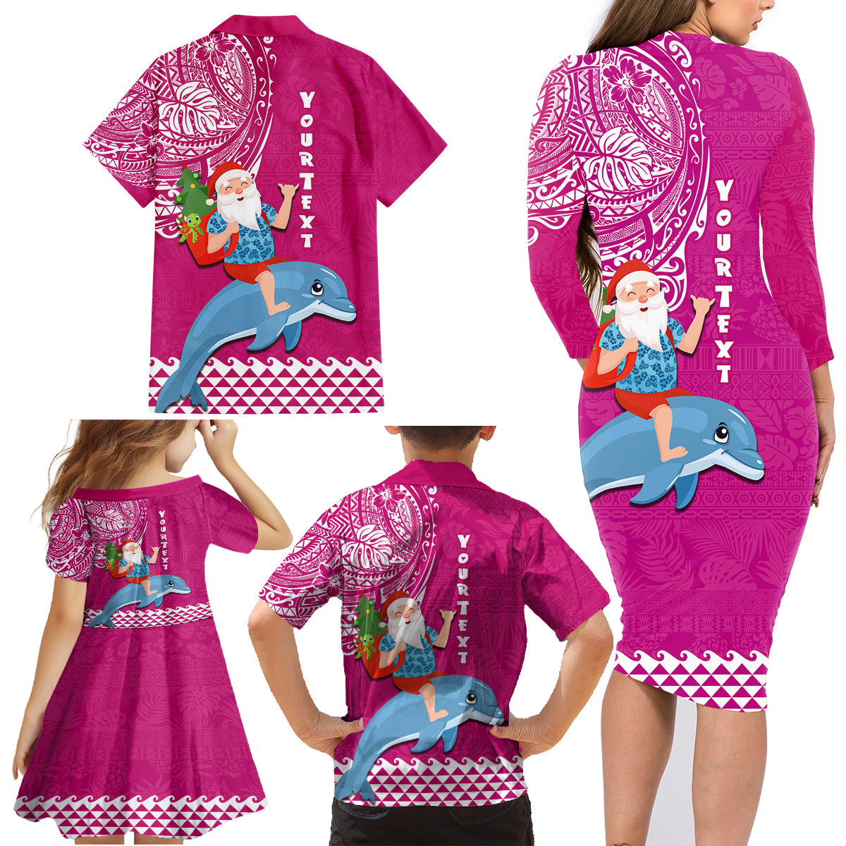 Custom Hawaii Mele Kalikimaka Family Matching Long Sleeve Bodycon Dress and Hawaiian Shirt Santa Riding The DolPhin Mix Kakau Pattern Pink Style LT03 - Polynesian Pride