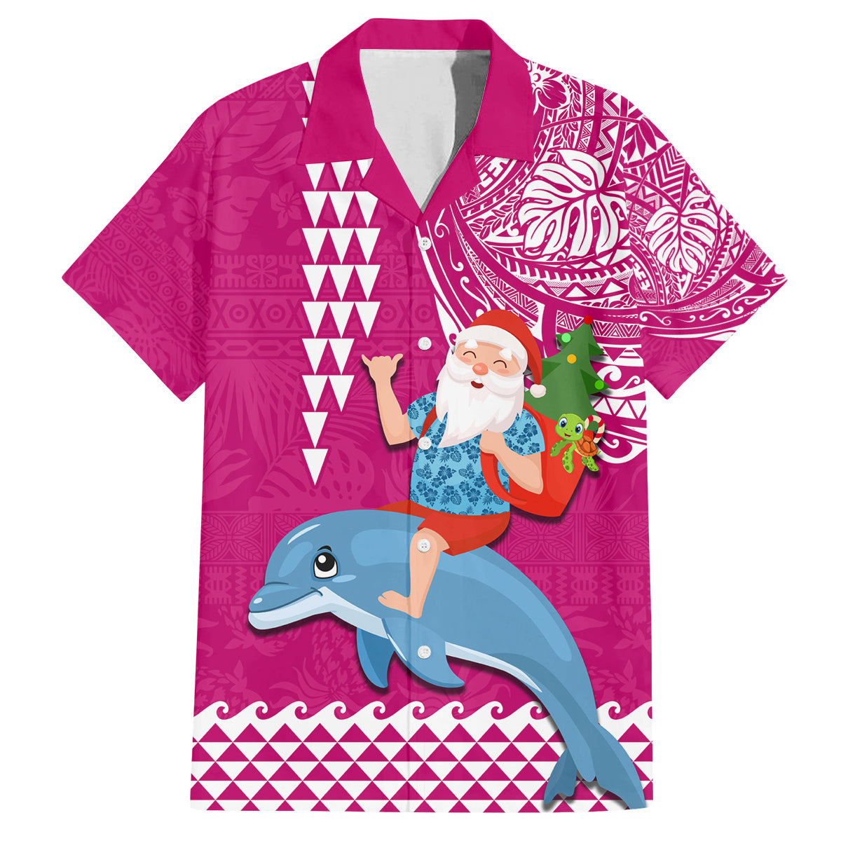 Custom Hawaii Mele Kalikimaka Family Matching Long Sleeve Bodycon Dress and Hawaiian Shirt Santa Riding The DolPhin Mix Kakau Pattern Pink Style LT03 Dad's Shirt - Short Sleeve Pink - Polynesian Pride