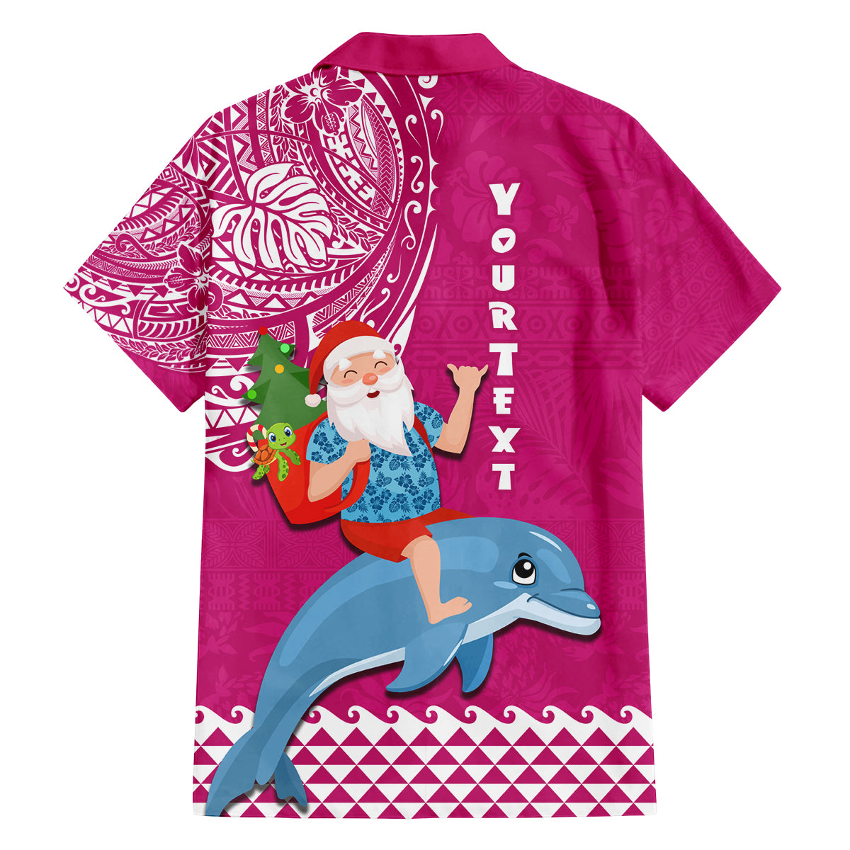 Custom Hawaii Mele Kalikimaka Family Matching Long Sleeve Bodycon Dress and Hawaiian Shirt Santa Riding The DolPhin Mix Kakau Pattern Pink Style LT03 - Polynesian Pride