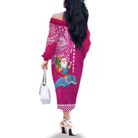 Custom Hawaii Mele Kalikimaka Family Matching Off Shoulder Long Sleeve Dress and Hawaiian Shirt Santa Riding The DolPhin Mix Kakau Pattern Pink Style LT03 - Polynesian Pride