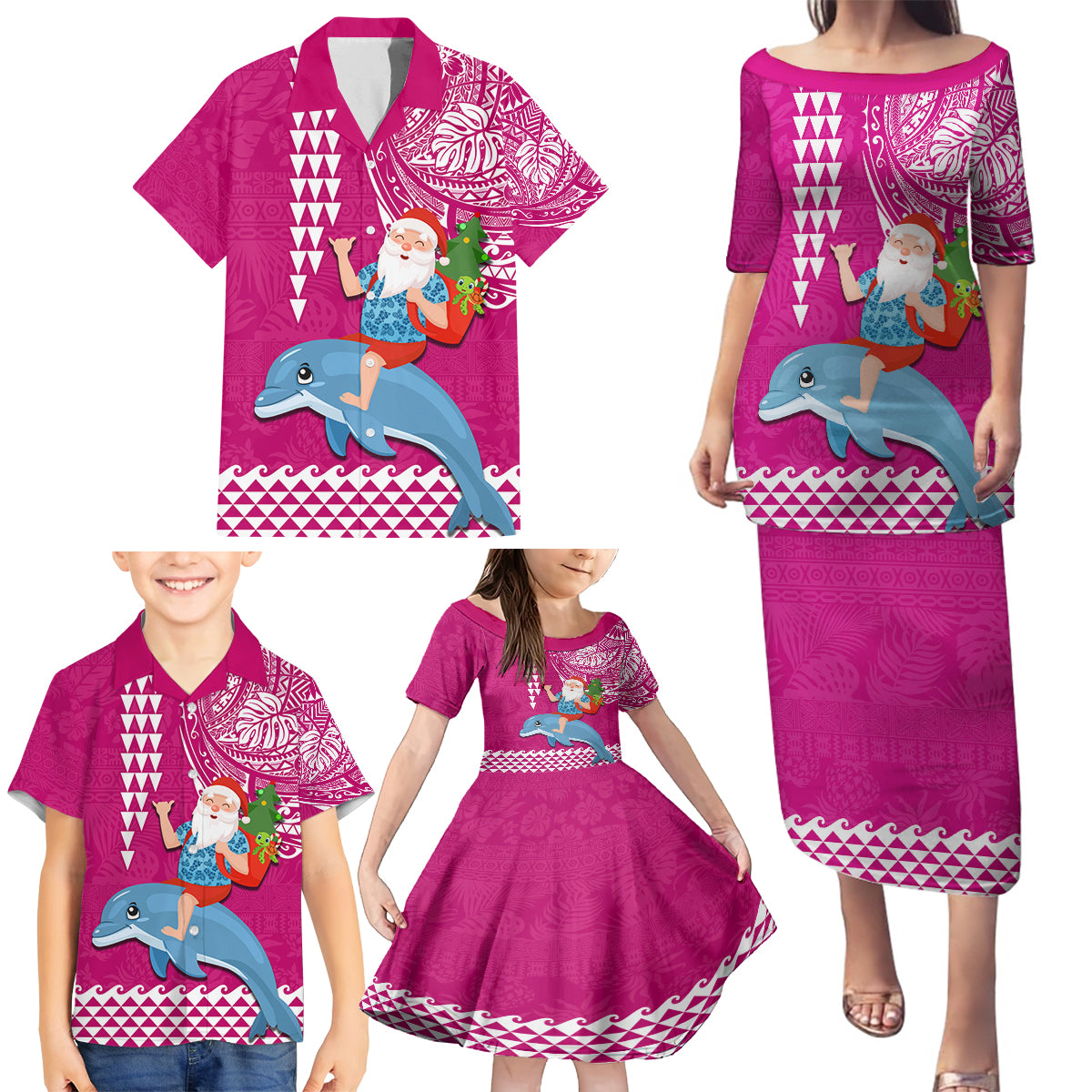 Custom Hawaii Mele Kalikimaka Family Matching Puletasi Dress and Hawaiian Shirt Santa Riding The DolPhin Mix Kakau Pattern Pink Style LT03 - Polynesian Pride