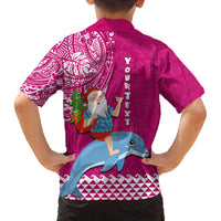 Custom Hawaii Mele Kalikimaka Family Matching Tank Maxi Dress and Hawaiian Shirt Santa Riding The DolPhin Mix Kakau Pattern Pink Style LT03 - Polynesian Pride
