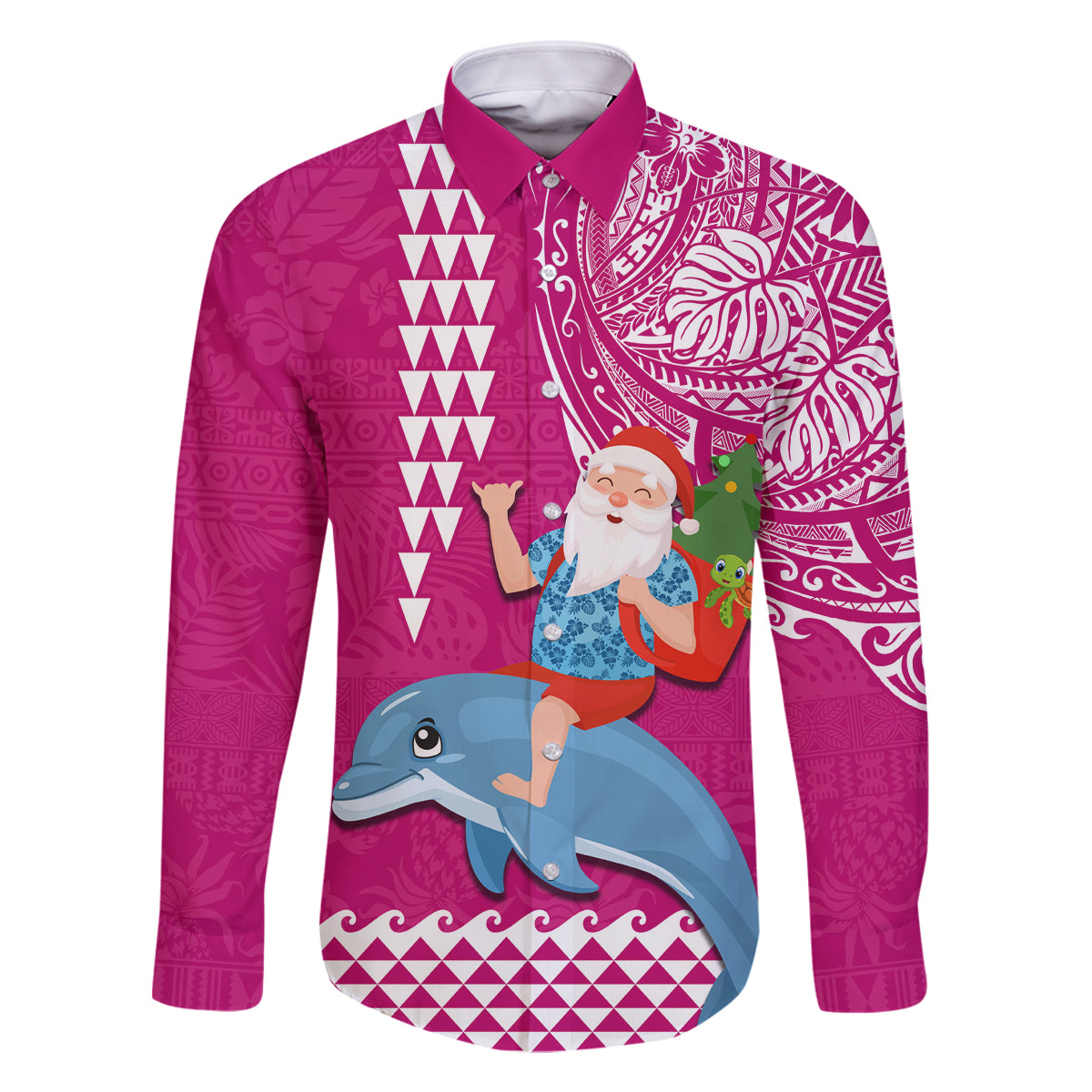 Custom Hawaii Mele Kalikimaka Family Matching Tank Maxi Dress and Hawaiian Shirt Santa Riding The DolPhin Mix Kakau Pattern Pink Style LT03 Dad's Shirt - Long Sleeve Pink - Polynesian Pride