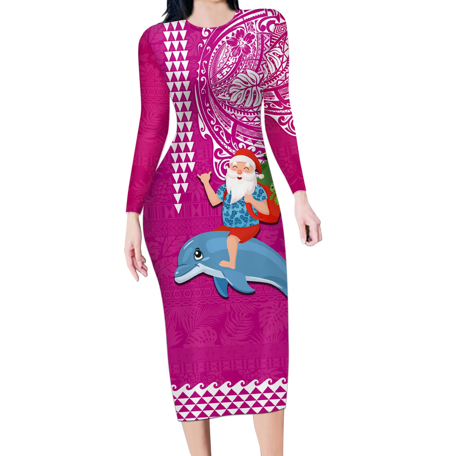Custom Hawaii Mele Kalikimaka Long Sleeve Bodycon Dress Santa Riding The DolPhin Mix Kakau Pattern Pink Style LT03 Long Dress Pink - Polynesian Pride