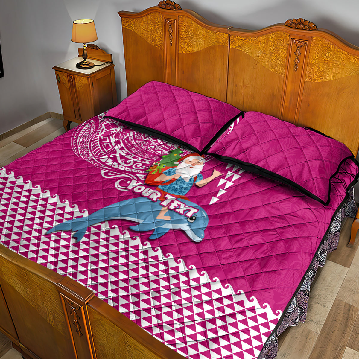 Custom Hawaii Mele Kalikimaka Quilt Bed Set Santa Riding The DolPhin Mix Kakau Pattern Pink Style LT03 - Polynesian Pride