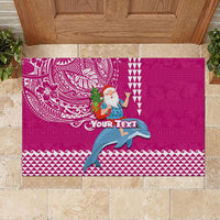 Custom Hawaii Mele Kalikimaka Rubber Doormat Santa Riding The DolPhin Mix Kakau Pattern Pink Style LT03 - Polynesian Pride