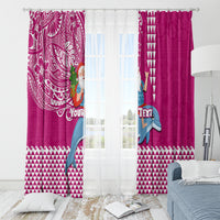 Custom Hawaii Mele Kalikimaka Window Curtain Santa Riding The DolPhin Mix Kakau Pattern Pink Style LT03 - Polynesian Pride