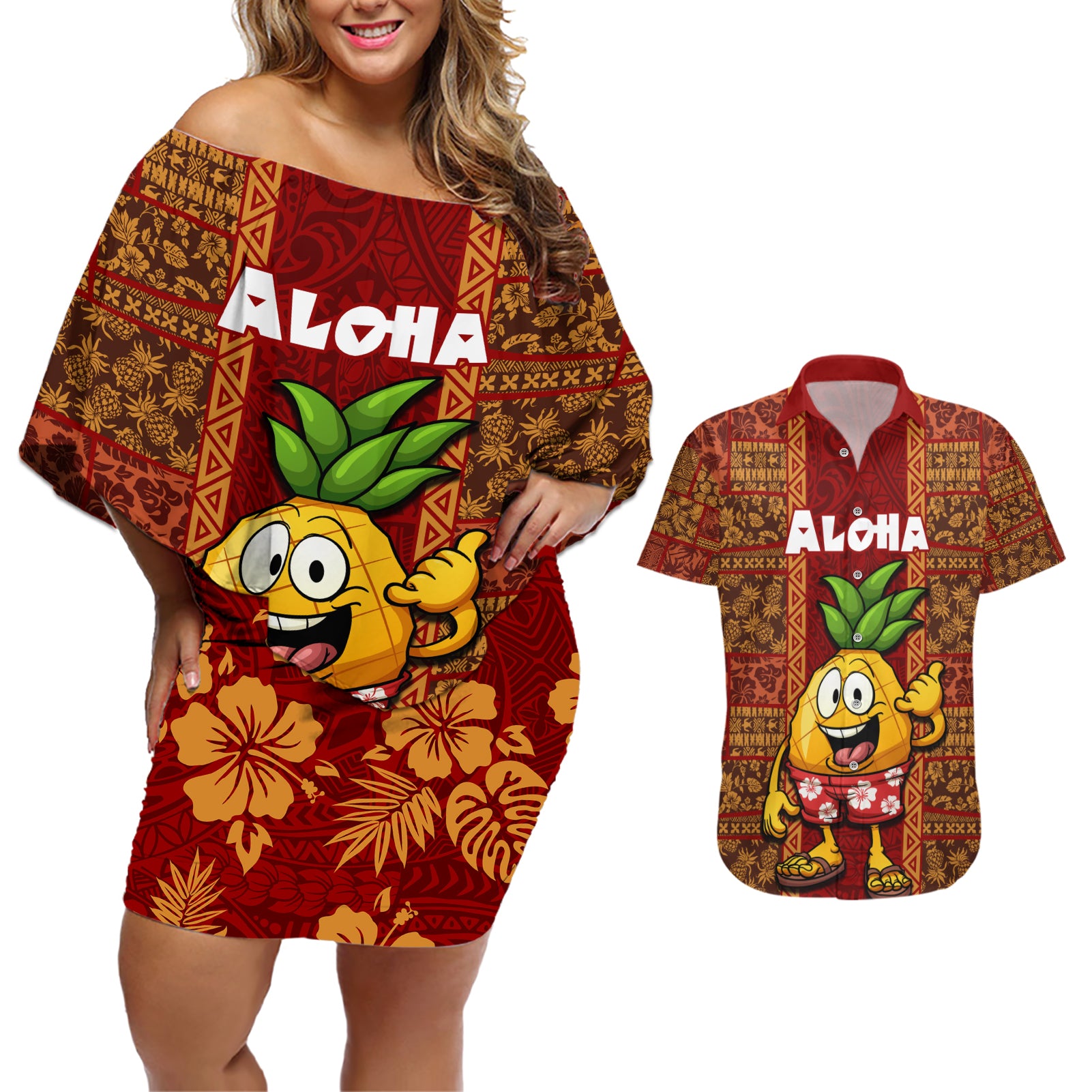Hawaii Couples Matching Off Shoulder Short Dress and Hawaiian Shirt Aloha Funny Pineapple Mix Kakau Hawaiian Tribal LT03 Red - Polynesian Pride