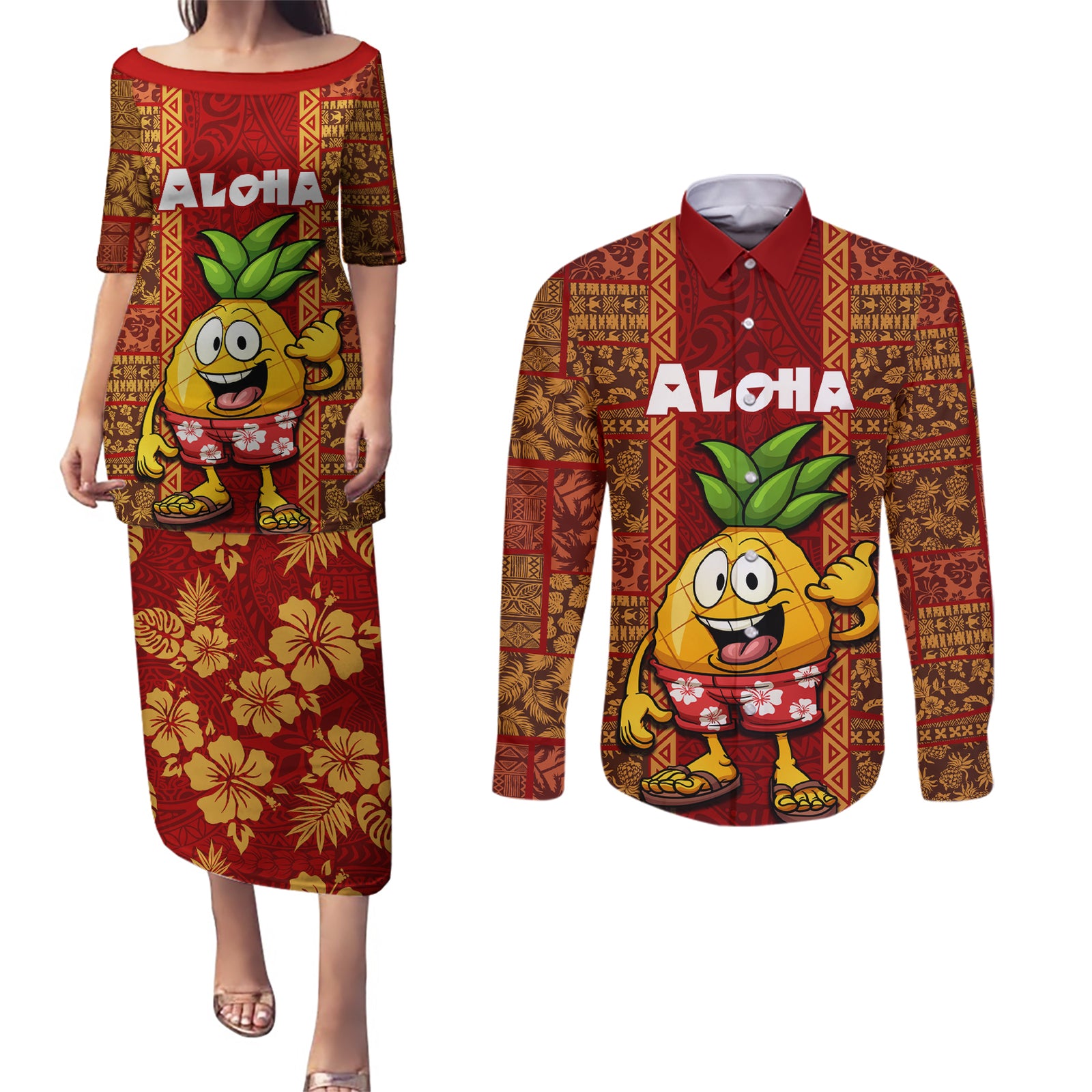 Hawaii Couples Matching Puletasi Dress and Long Sleeve Button Shirt Aloha Funny Pineapple Mix Kakau Hawaiian Tribal LT03 Red - Polynesian Pride