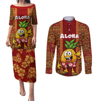 Hawaii Couples Matching Puletasi Dress and Long Sleeve Button Shirt Aloha Funny Pineapple Mix Kakau Hawaiian Tribal LT03 Red - Polynesian Pride