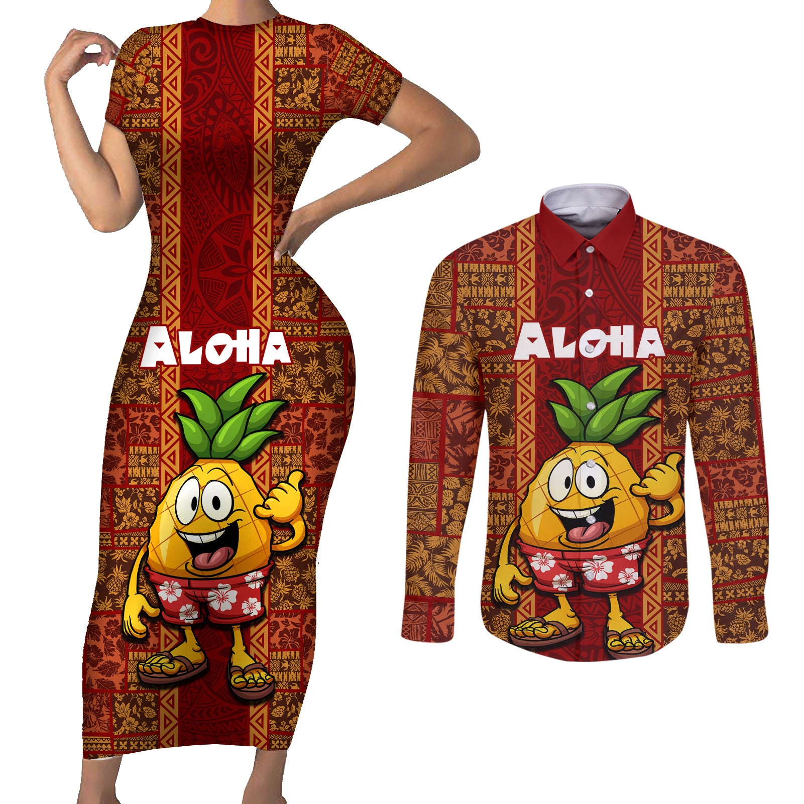 Hawaii Couples Matching Short Sleeve Bodycon Dress and Long Sleeve Button Shirt Aloha Funny Pineapple Mix Kakau Hawaiian Tribal LT03 Red - Polynesian Pride