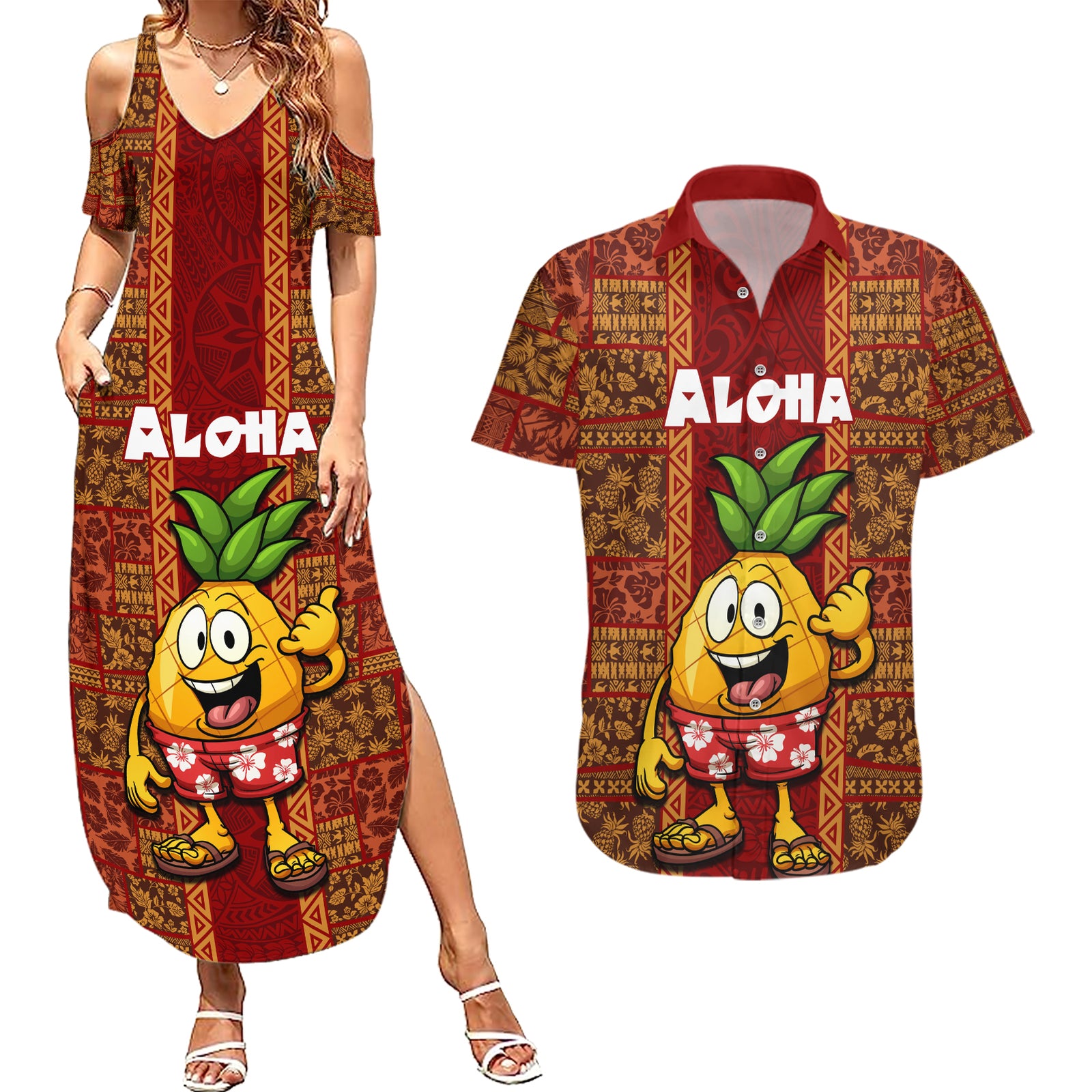 Hawaii Couples Matching Summer Maxi Dress and Hawaiian Shirt Aloha Funny Pineapple Mix Kakau Hawaiian Tribal LT03 Red - Polynesian Pride