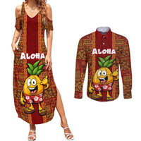 Hawaii Couples Matching Summer Maxi Dress and Long Sleeve Button Shirt Aloha Funny Pineapple Mix Kakau Hawaiian Tribal LT03 Red - Polynesian Pride