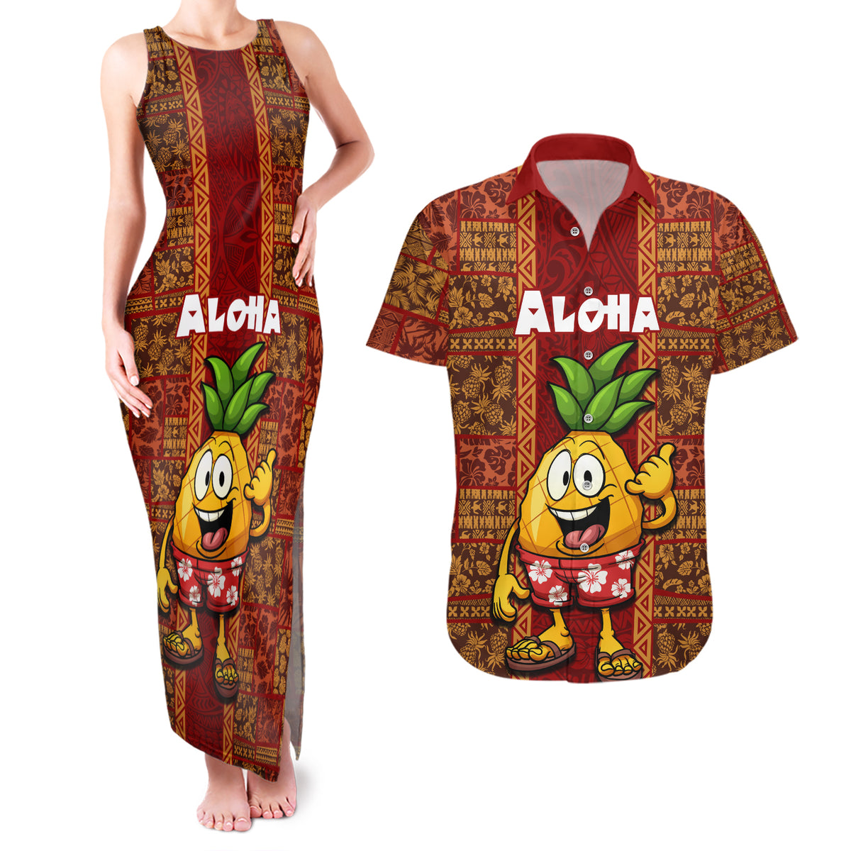 Hawaii Couples Matching Tank Maxi Dress and Hawaiian Shirt Aloha Funny Pineapple Mix Kakau Hawaiian Tribal LT03 Red - Polynesian Pride