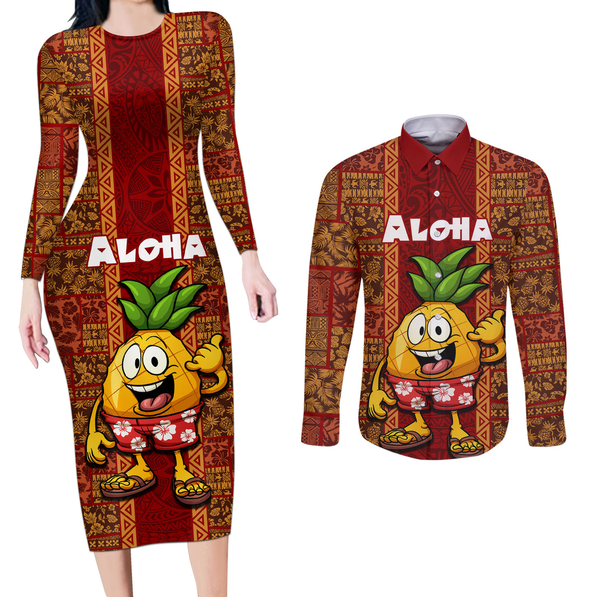 Custom Hawaii Couples Matching Long Sleeve Bodycon Dress and Long Sleeve Button Shirt Aloha Funny Pineapple Mix Kakau Hawaiian Tribal LT03 Red - Polynesian Pride