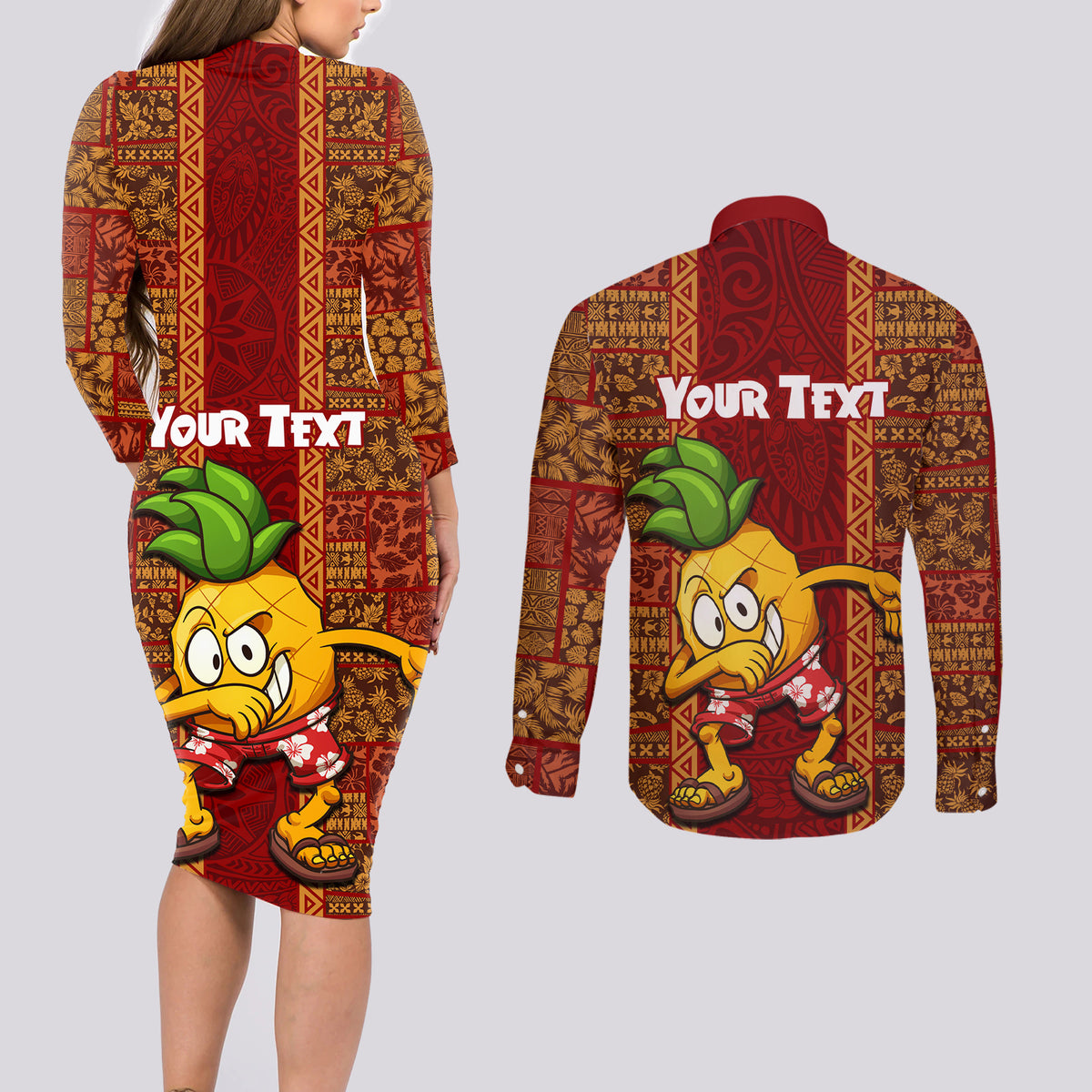 Custom Hawaii Couples Matching Long Sleeve Bodycon Dress and Long Sleeve Button Shirt Aloha Funny Pineapple Mix Kakau Hawaiian Tribal LT03 - Polynesian Pride