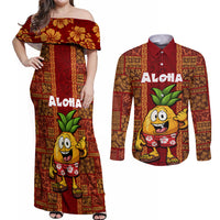 Custom Hawaii Couples Matching Off Shoulder Maxi Dress and Long Sleeve Button Shirt Aloha Funny Pineapple Mix Kakau Hawaiian Tribal LT03 Red - Polynesian Pride