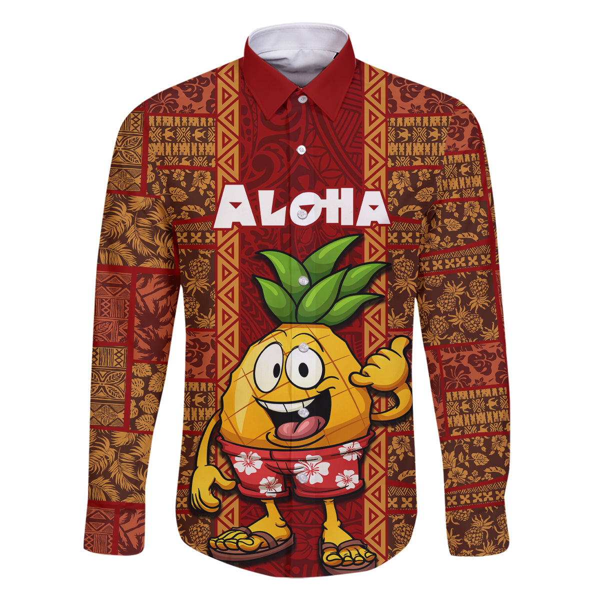 Custom Hawaii Family Matching Off Shoulder Maxi Dress and Hawaiian Shirt Aloha Funny Pineapple Mix Kakau Hawaiian Tribal LT03 Dad's Shirt - Long Sleeve Red - Polynesian Pride