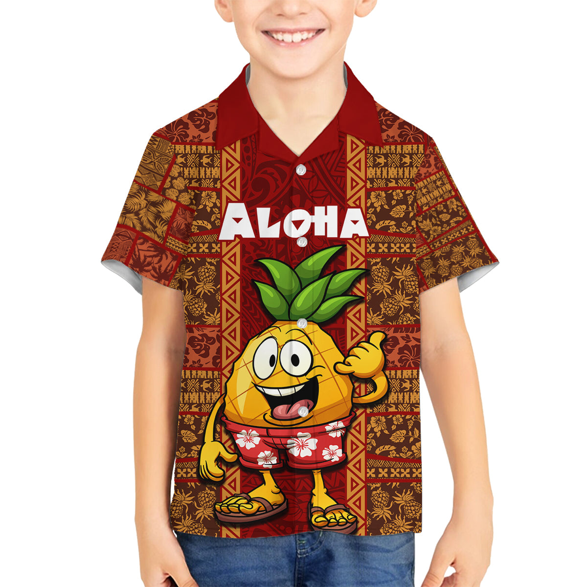 Custom Hawaii Family Matching Off Shoulder Short Dress and Hawaiian Shirt Aloha Funny Pineapple Mix Kakau Hawaiian Tribal LT03 Son's Shirt Red - Polynesian Pride