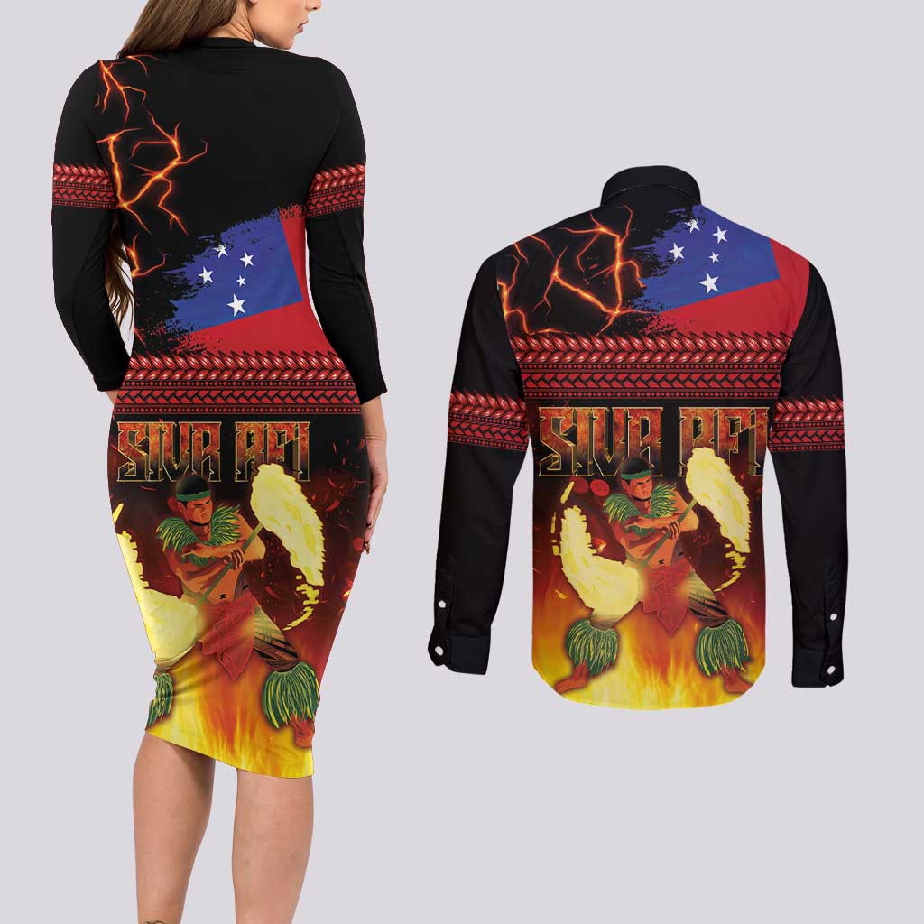 Samoan Siva Afi Couples Matching Long Sleeve Bodycon Dress and Long Sleeve Button Shirt Tribal Performers of Samoan Fire Knife Dancing LT03 - Polynesian Pride