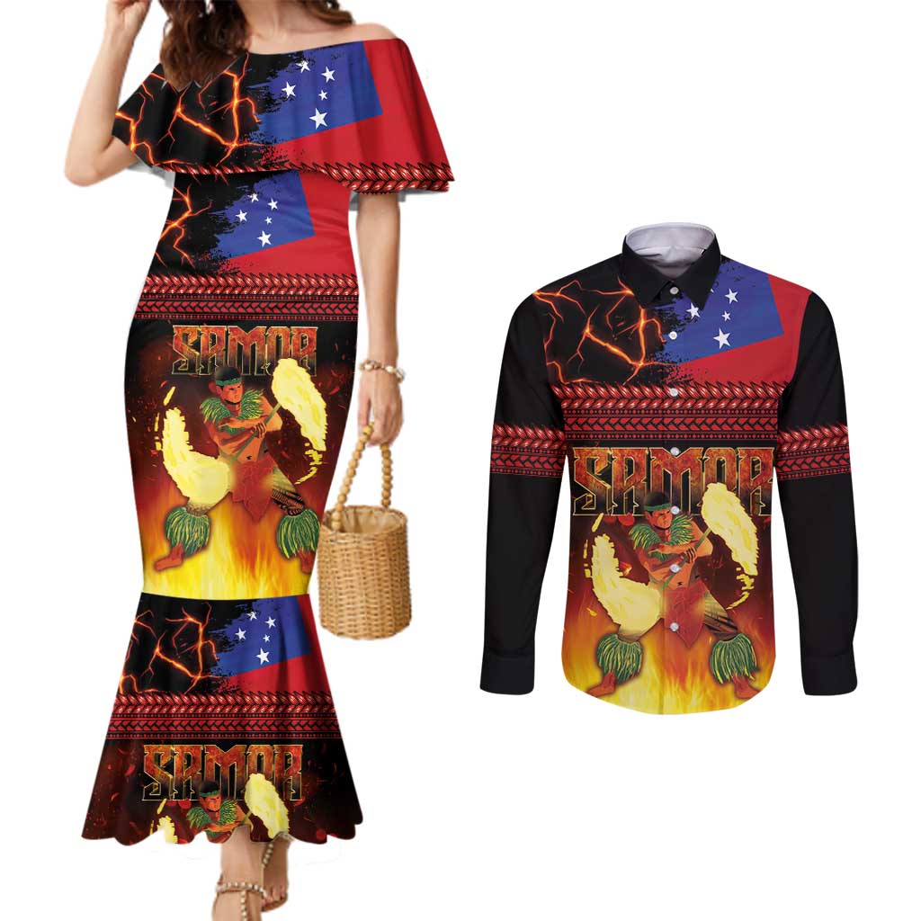 Samoan Siva Afi Couples Matching Mermaid Dress and Long Sleeve Button Shirt Tribal Performers of Samoan Fire Knife Dancing LT03 Black - Polynesian Pride