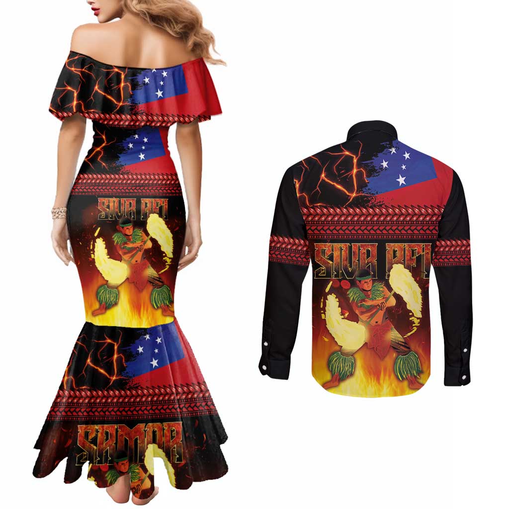 Samoan Siva Afi Couples Matching Mermaid Dress and Long Sleeve Button Shirt Tribal Performers of Samoan Fire Knife Dancing LT03 - Polynesian Pride
