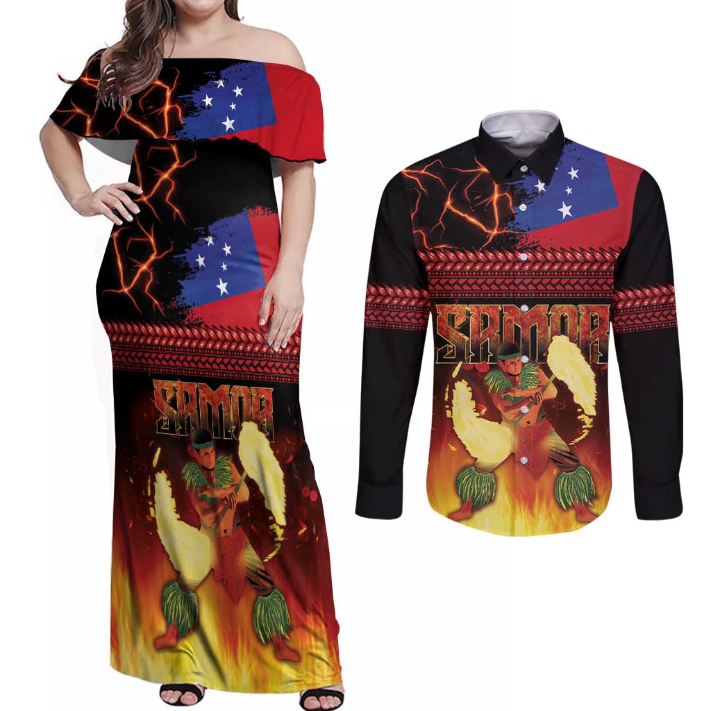 Samoan Siva Afi Couples Matching Off Shoulder Maxi Dress and Long Sleeve Button Shirt Tribal Performers of Samoan Fire Knife Dancing LT03 Black - Polynesian Pride