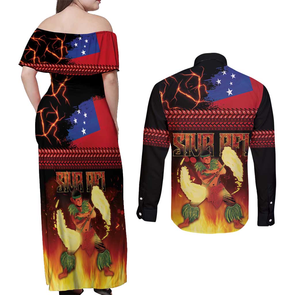 Samoan Siva Afi Couples Matching Off Shoulder Maxi Dress and Long Sleeve Button Shirt Tribal Performers of Samoan Fire Knife Dancing LT03 - Polynesian Pride