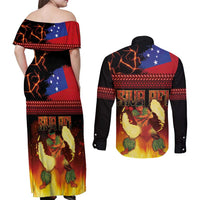 Samoan Siva Afi Couples Matching Off Shoulder Maxi Dress and Long Sleeve Button Shirt Tribal Performers of Samoan Fire Knife Dancing LT03 - Polynesian Pride