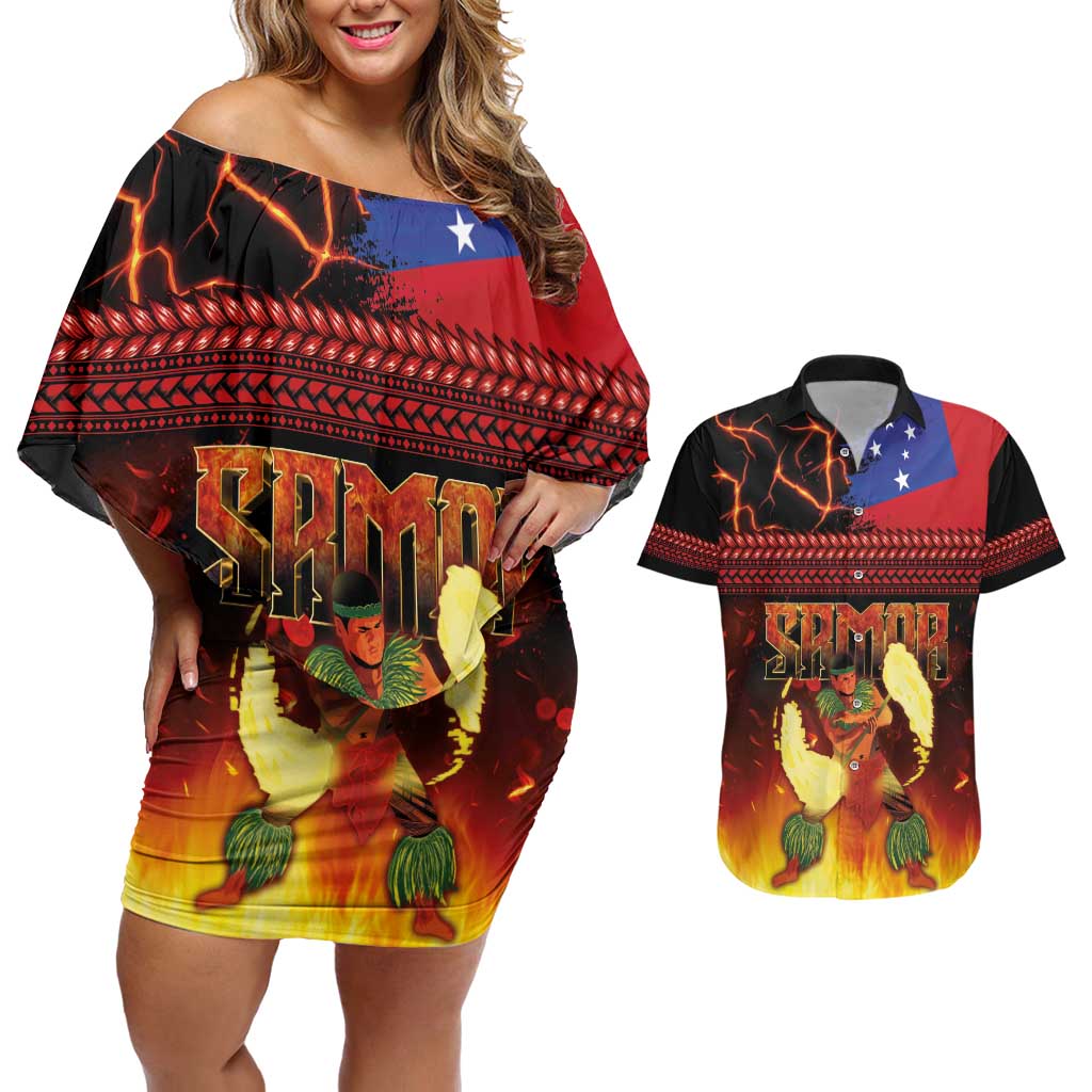 Samoan Siva Afi Couples Matching Off Shoulder Short Dress and Hawaiian Shirt Tribal Performers of Samoan Fire Knife Dancing LT03 Black - Polynesian Pride