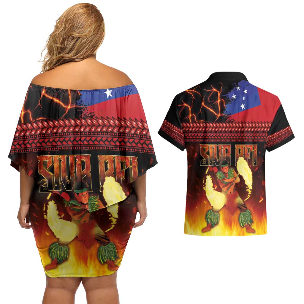 Samoan Siva Afi Couples Matching Off Shoulder Short Dress and Hawaiian Shirt Tribal Performers of Samoan Fire Knife Dancing LT03 - Polynesian Pride