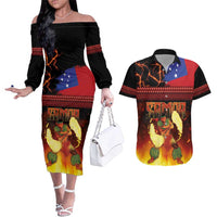 Samoan Siva Afi Couples Matching Off The Shoulder Long Sleeve Dress and Hawaiian Shirt Tribal Performers of Samoan Fire Knife Dancing LT03 Black - Polynesian Pride