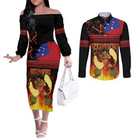 Samoan Siva Afi Couples Matching Off The Shoulder Long Sleeve Dress and Long Sleeve Button Shirt Tribal Performers of Samoan Fire Knife Dancing LT03 Black - Polynesian Pride