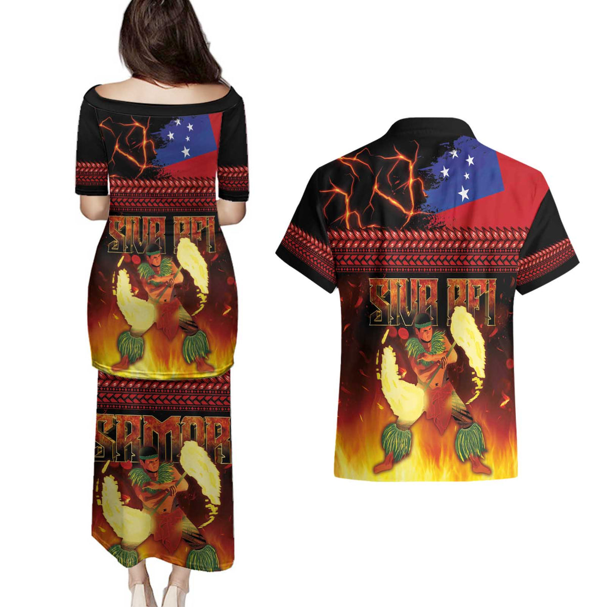 Samoan Siva Afi Couples Matching Puletasi and Hawaiian Shirt Tribal Performers of Samoan Fire Knife Dancing LT03 - Polynesian Pride