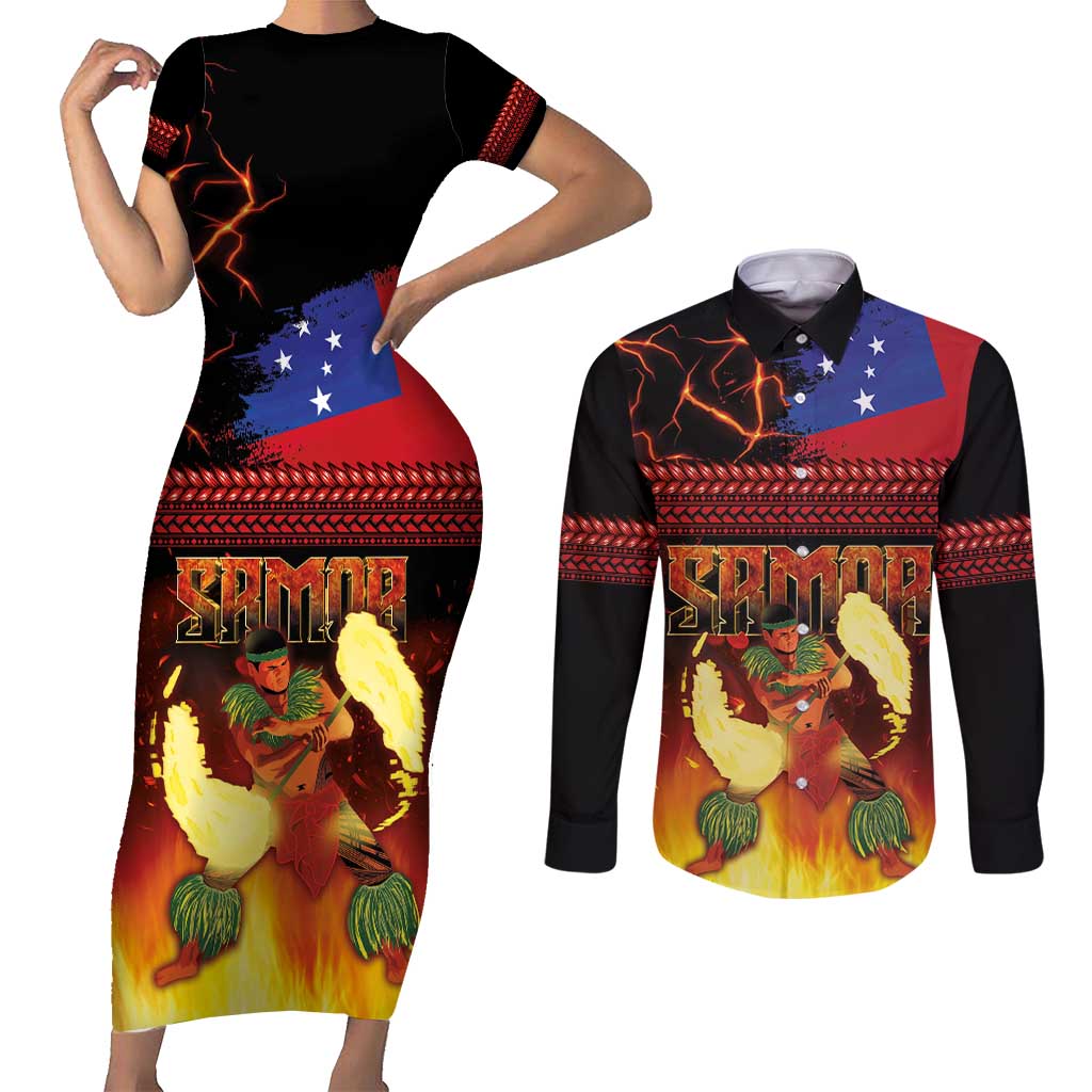 Samoan Siva Afi Couples Matching Short Sleeve Bodycon Dress and Long Sleeve Button Shirt Tribal Performers of Samoan Fire Knife Dancing LT03 Black - Polynesian Pride