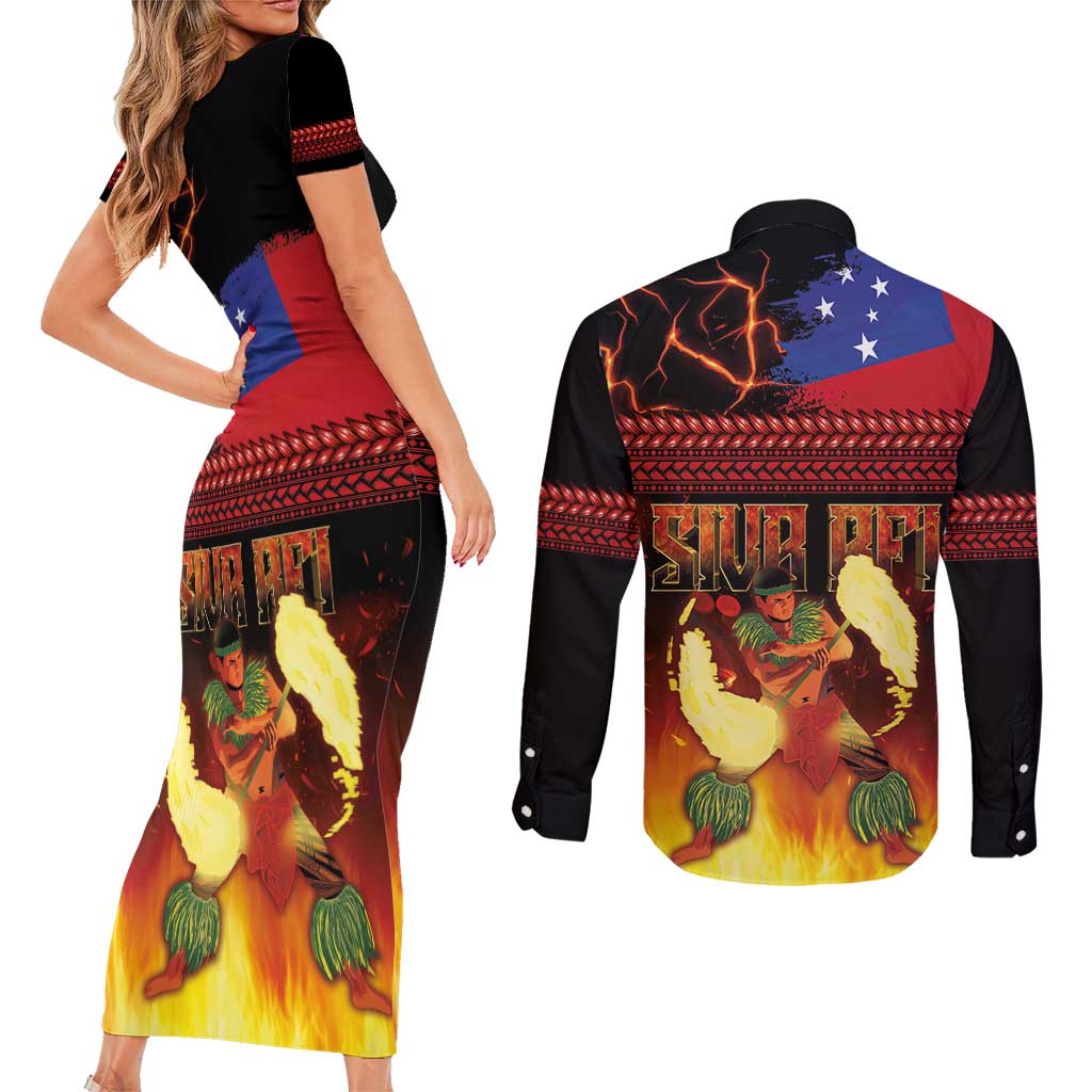 Samoan Siva Afi Couples Matching Short Sleeve Bodycon Dress and Long Sleeve Button Shirt Tribal Performers of Samoan Fire Knife Dancing LT03 - Polynesian Pride