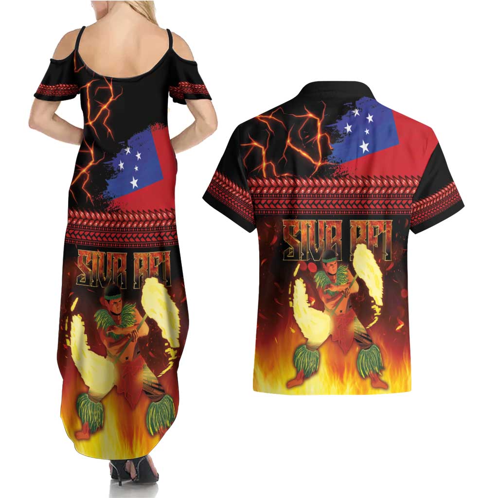 Samoan Siva Afi Couples Matching Summer Maxi Dress and Hawaiian Shirt Tribal Performers of Samoan Fire Knife Dancing LT03 - Polynesian Pride