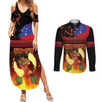 Samoan Siva Afi Couples Matching Summer Maxi Dress and Long Sleeve Button Shirt Tribal Performers of Samoan Fire Knife Dancing LT03 Black - Polynesian Pride