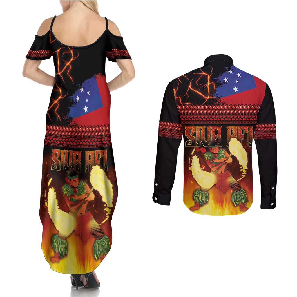 Samoan Siva Afi Couples Matching Summer Maxi Dress and Long Sleeve Button Shirt Tribal Performers of Samoan Fire Knife Dancing LT03 - Polynesian Pride