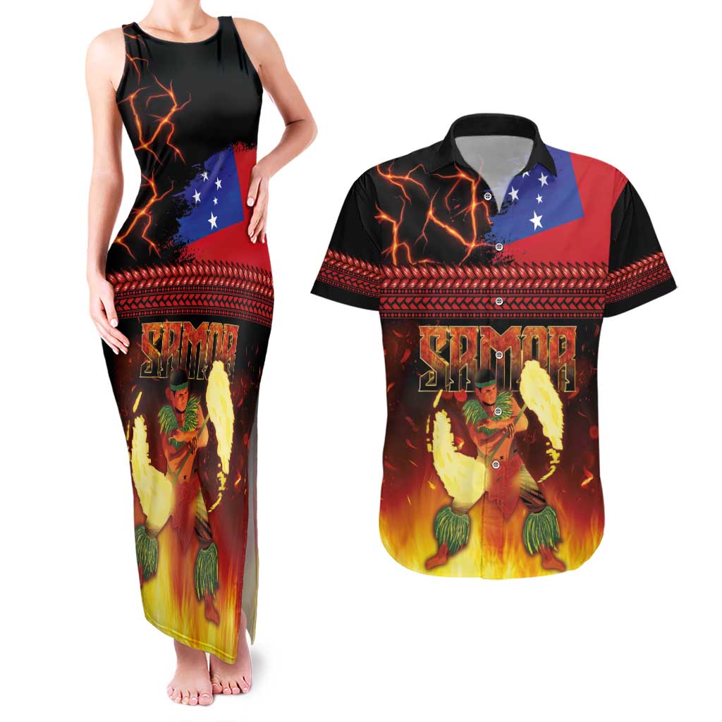 Samoan Siva Afi Couples Matching Tank Maxi Dress and Hawaiian Shirt Tribal Performers of Samoan Fire Knife Dancing