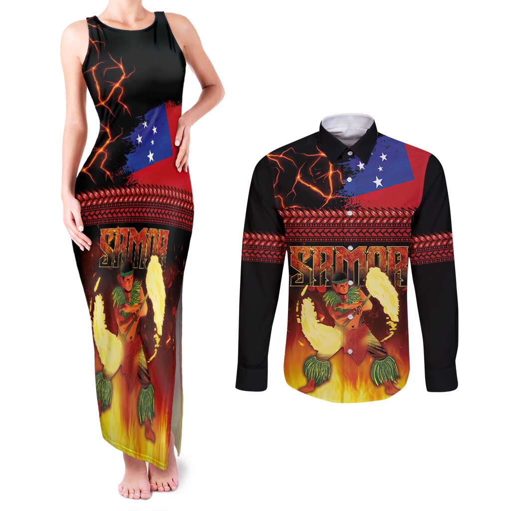 Samoan Siva Afi Couples Matching Tank Maxi Dress and Long Sleeve Button Shirt Tribal Performers of Samoan Fire Knife Dancing LT03 Black - Polynesian Pride