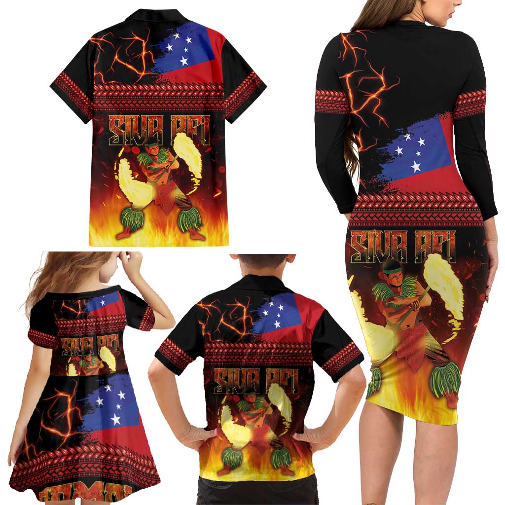 Samoan Siva Afi Family Matching Long Sleeve Bodycon Dress and Hawaiian Shirt Tribal Performers of Samoan Fire Knife Dancing LT03 - Polynesian Pride