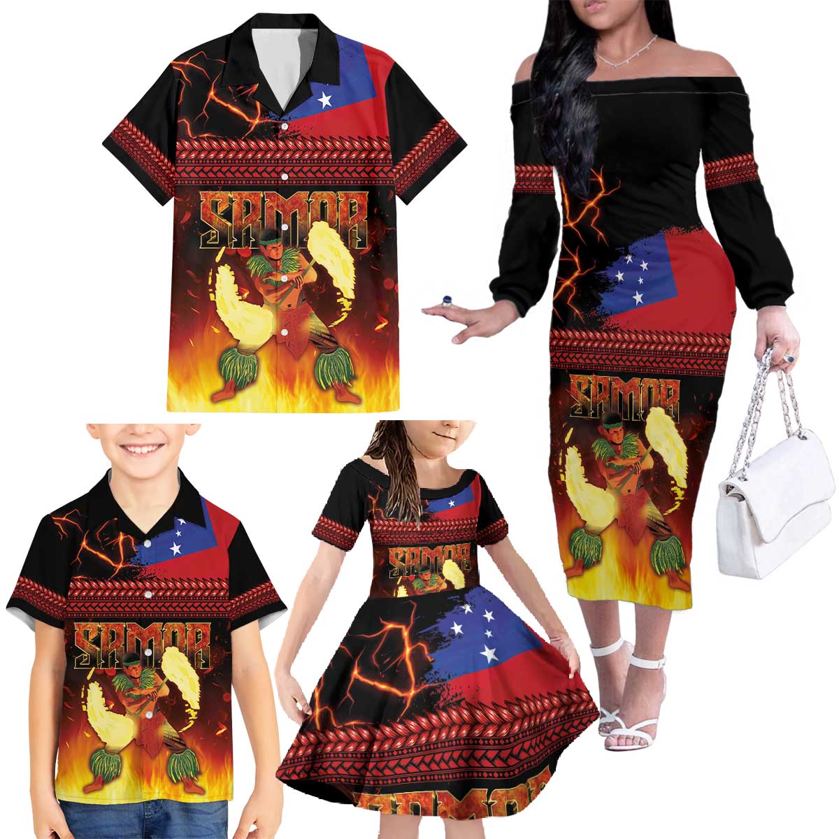 Samoan Siva Afi Family Matching Off The Shoulder Long Sleeve Dress and Hawaiian Shirt Tribal Performers of Samoan Fire Knife Dancing LT03 - Polynesian Pride