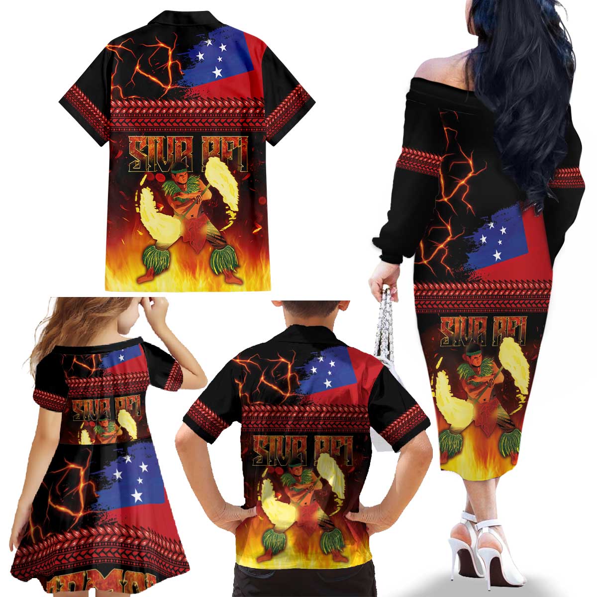 Samoan Siva Afi Family Matching Off The Shoulder Long Sleeve Dress and Hawaiian Shirt Tribal Performers of Samoan Fire Knife Dancing LT03 - Polynesian Pride
