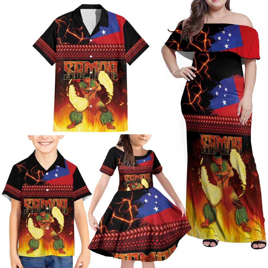 Samoan Siva Afi Family Matching Off Shoulder Maxi Dress and Hawaiian Shirt Tribal Performers of Samoan Fire Knife Dancing LT03 - Polynesian Pride