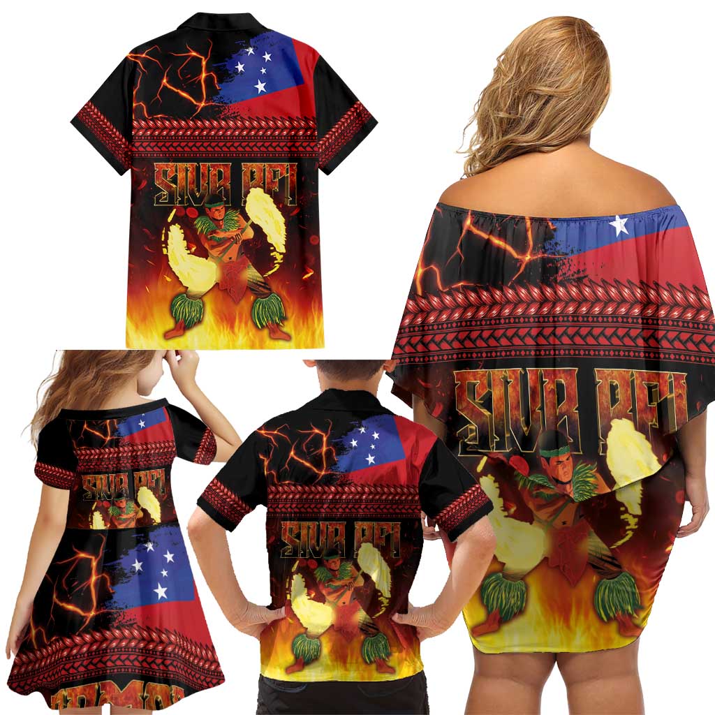 Samoan Siva Afi Family Matching Off Shoulder Short Dress and Hawaiian Shirt Tribal Performers of Samoan Fire Knife Dancing LT03 - Polynesian Pride