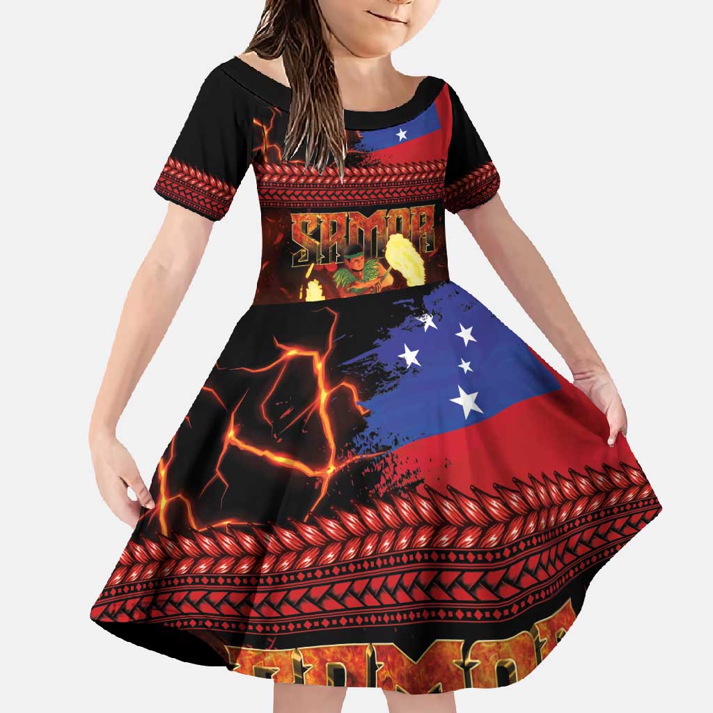 Samoan Siva Afi Family Matching Short Sleeve Bodycon Dress and Hawaiian Shirt Tribal Performers of Samoan Fire Knife Dancing LT03 Daughter's Dress Black - Polynesian Pride